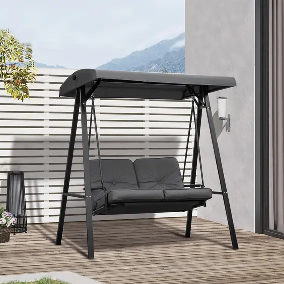 Buy Outsunny 2 Seater Garden Swing Chair with Adjustable Tilting Canopy, Outdoor Hammock Bench with Steel Frame for Patio, 144 x 117 x 173 cm, Grey, 2 image