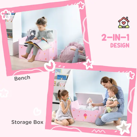 Buy ZONEKIZ 5PCs Kids Bedroom Furniture Set with Bed, Toy Box Bench, Storage Unit, Dressing Table and Stool, Princess Themed, for 3-6 Years Old, Pink, 6 image