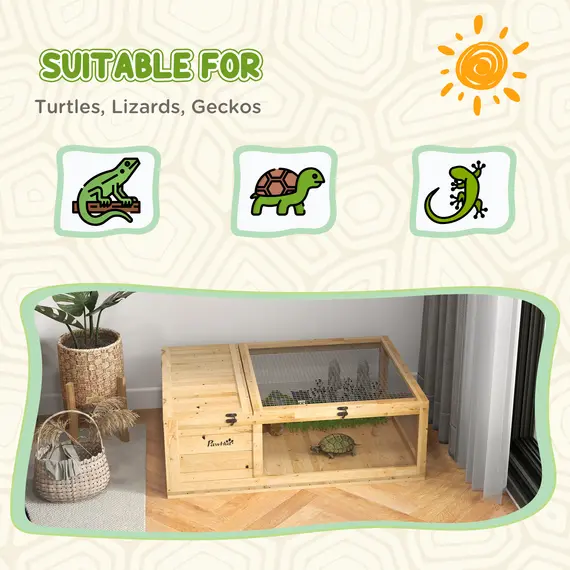 Buy PawHut Tortoise House, Small Reptile Wooden House, with Mesh Roofs, Side Panels, for Turtles, Lizards, Geckos and Snakes, 7 image