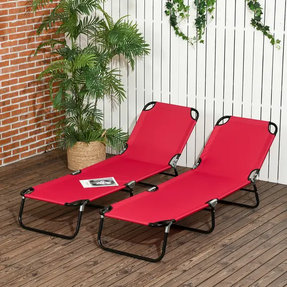 Buy Outsunny Set of Two Folding Sun Loungers - Red, 2 image