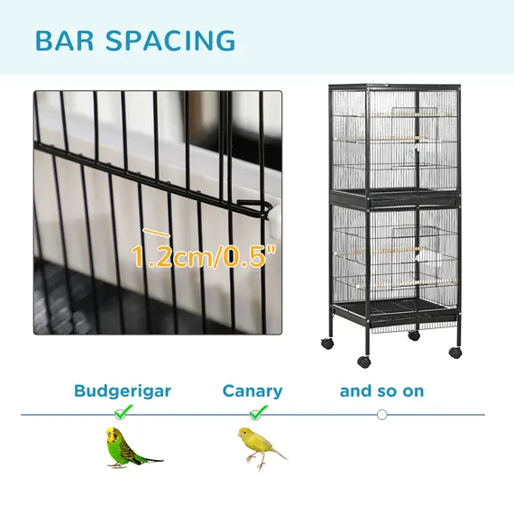 Buy PawHut Bird Cage Budgie Cage 2 In 1 Large Aviary with Wheels Removable Trays for Finch Canaries Cockatiels Black, 7 image