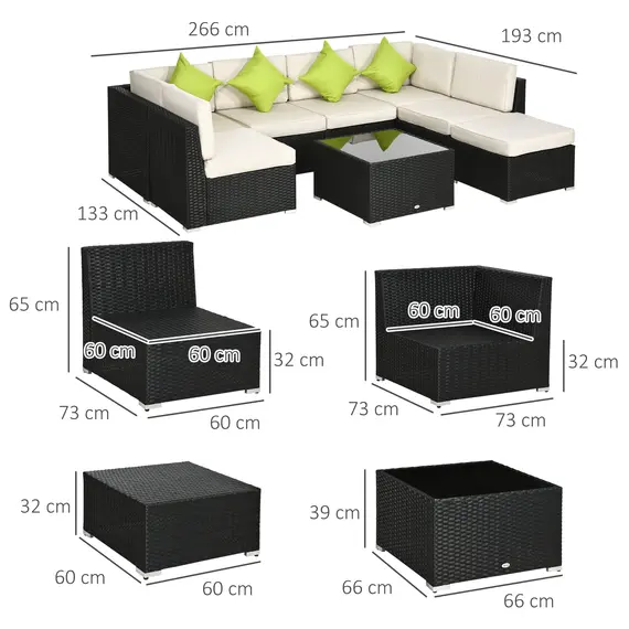 Buy Outsunny 8 Pieces PE Rattan Corner Sofa Set, Outdoor Garden Furniture Set, Patio Wicker Sofa Seater w/ Cushion, Washable Cushion Cover & Tempered Glass Table, Khaki, 3 image