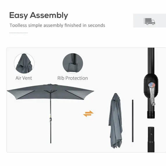 Buy Outsunny 3x2m Garden Parasol Umbrella with Aluminium Pole, Tilt and Crank, Rectangular Outdoor Table Parasol Sun Shade for Patio, Dark Grey, 6 image