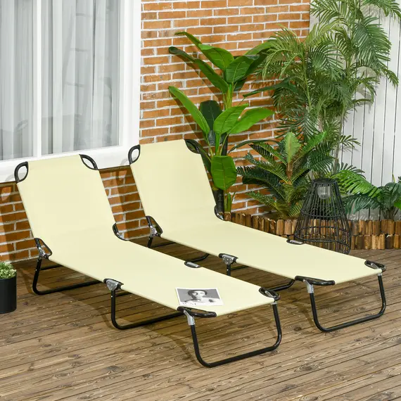 Buy Outsunny Set of Two Metal Frame Folding Sun Loungers - Beige, 2 image