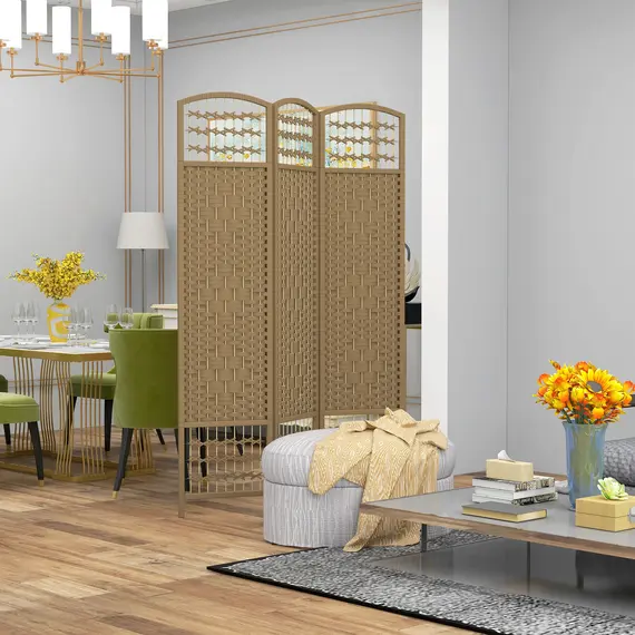 Buy 3 Panel Folding Room Divider, Privacy Screen, Paravent Partition Separator for Living Room, Bedroom, Natural Wood, 2 image