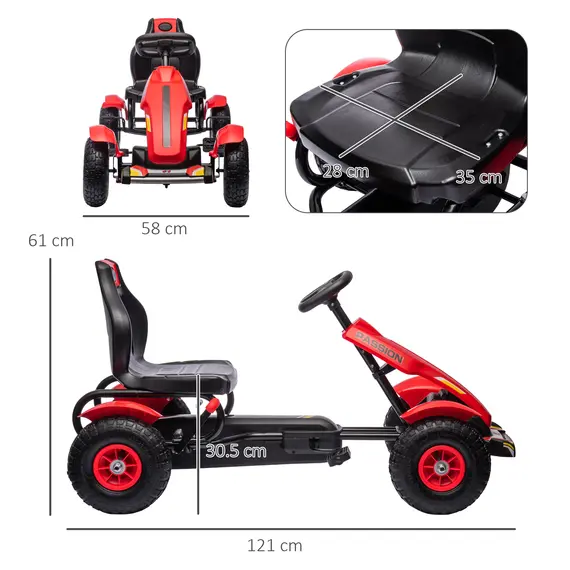 Buy Pedal Go Kart, Kids Ride On Racer with Adjustable Seat, Inflatable Rubber Tyres, Handbrake for Ages 5-12 Years - Red, 3 image