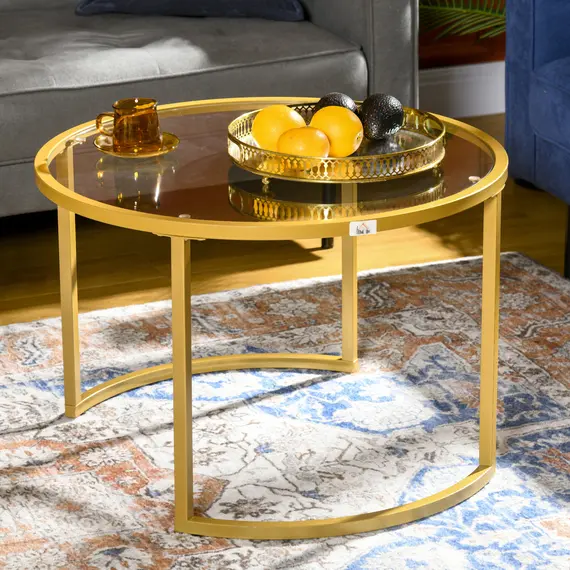 Buy Coffee Table Set of 2, Modern Nest of Tables with Tempered Glass Top, Steel Frame for Living Room, Gold Tone, 7 image