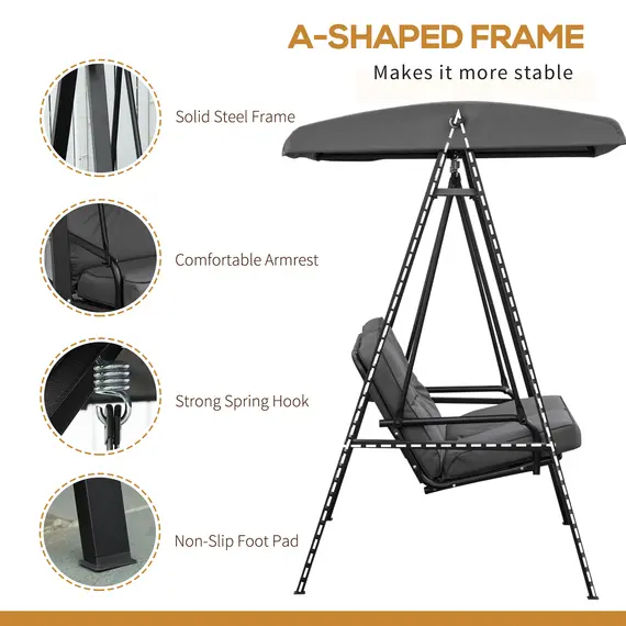 Buy Outsunny 2 Seater Garden Swing Chair with Adjustable Tilting Canopy, Outdoor Hammock Bench with Steel Frame for Patio, 144 x 117 x 173 cm, Grey, 6 image