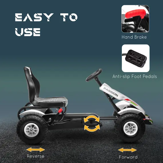 Buy Pedal Go Kart, Kids Ride On Racer with Adjustable Seat, Inflatable Rubber Tyres, Handbrake for Ages 5-12 Years - White, 5 image