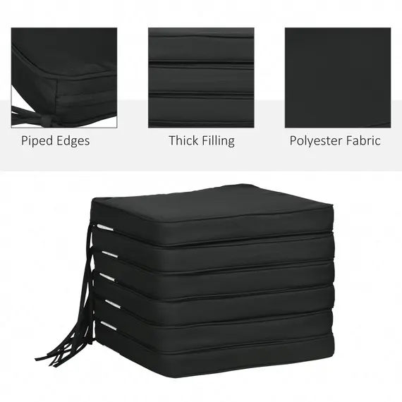 Buy Set of 6 Chair Cushion Seat Pads Dining Chair w/ Straps Indoor Outdoor Removable Tie On Garden Patio, Black, 4 image