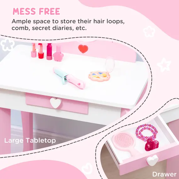 Buy ZONEKIZ 5PCs Kids Bedroom Furniture Set with Bed, Toy Box Bench, Storage Unit, Dressing Table and Stool, Princess Themed, for 3-6 Years Old, Pink, 5 image