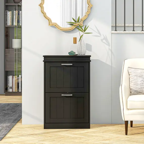 Buy Two-Drawer Minimalistic 10-Shoe Cabinet - Black, 8 image