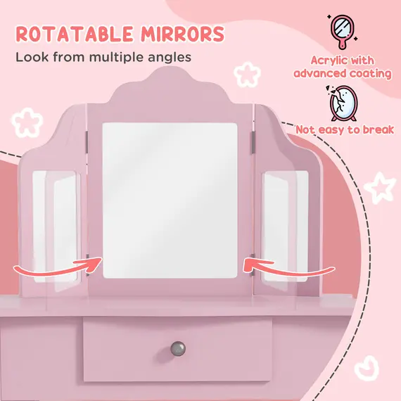Buy Kids Vanity Table and Chair Set with Tri-Folding Mirror and Stool, Makeup Dressing Table with Drawer, Pink, 5 image