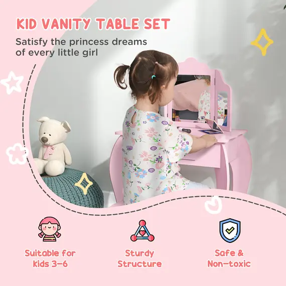 Buy Kids Vanity Table and Chair Set with Tri-Folding Mirror and Stool, Makeup Dressing Table with Drawer, Pink, 3 image