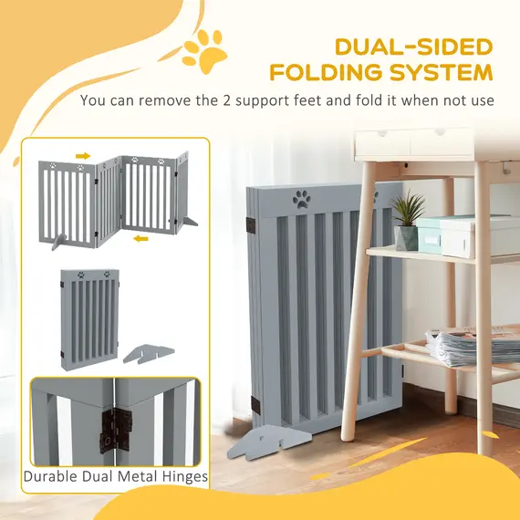 Buy Wooden Pet Gate Foldable Freestanding Dog Safety Barrier w/ Support Feet, Grey, 4 image