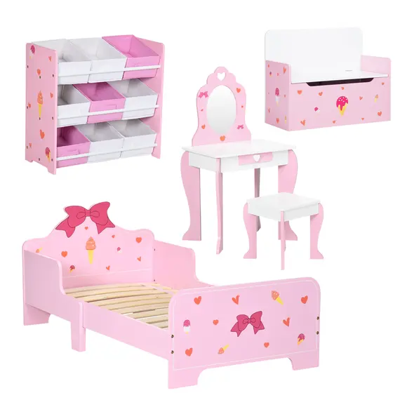 Buy ZONEKIZ 5PCs Kids Bedroom Furniture Set with Bed, Toy Box Bench, Storage Unit, Dressing Table and Stool, Princess Themed, for 3-6 Years Old, Pink
