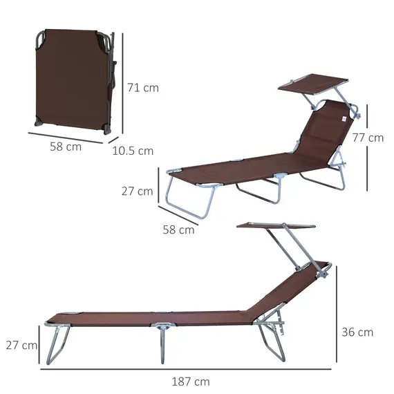 Buy Outsunny 2 Pieces Outdoor Foldable Sun Lounger, 4 Level Adjustable Backrest Reclining Sun Lounger Chair with Angle Adjust Sun Shade Awning for Beach, Garden, Patio, Brown, 3 image
