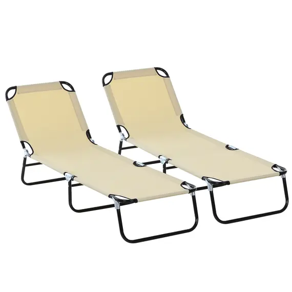 Buy Outsunny 2 Piece Foldable Sun Loungers with 5-Position Adjustable Backrest, Outdoor Portable Recliner Chaise Lounge Chairs with Breathable Mesh Fabric, Beige