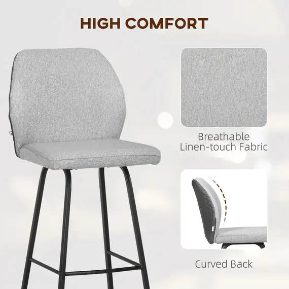 Buy HOMCOM Bar Stools Set of 4, Linen-Touch Upholstered Bar Chairs, Kitchen Stools with Backs and Steel Legs for Dining Room, Light Grey, 5 image