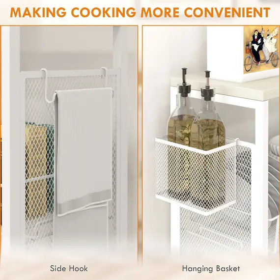Buy 3-Tier Kitchen Cart with 3 Steel Wire Baskets - White, 5 image