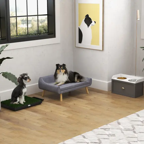 Buy Dog Couch with Soft Cushion, Pet Sofa Bed with Wooden Frame, Removable Cover, for Medium and Large Dogs, Grey, 9 image