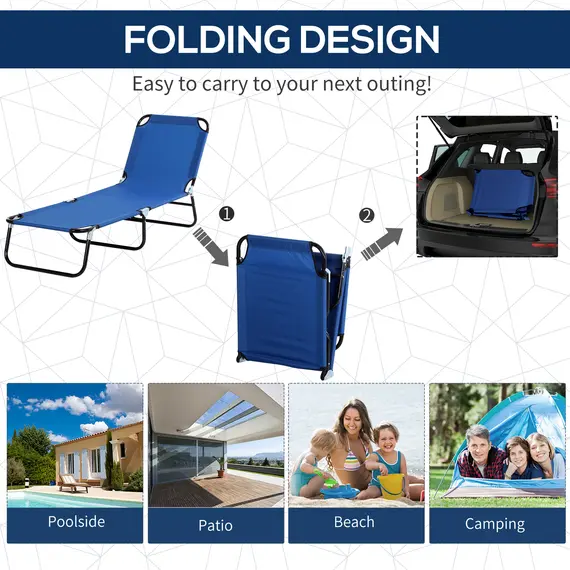 Buy Outsunny 2 Pieces Outdoor Foldable Sun Lounger, 4 Level Adjustable Backrest Reclining Sun Lounger Chair with Angle Adjust Sun Shade Awning for Beach, Garden, Patio, Blue, 4 image