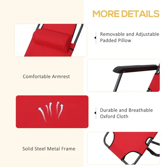 Buy Outsunny 2 in 1 Folding Sun Lounger Reclining Garden Chair Set of 2 with 2-Level Adjustable Backrest, Outdoor Zero Gravity Recliner Garden Chairs with Head Pillow and Armrests, Red, 6 image