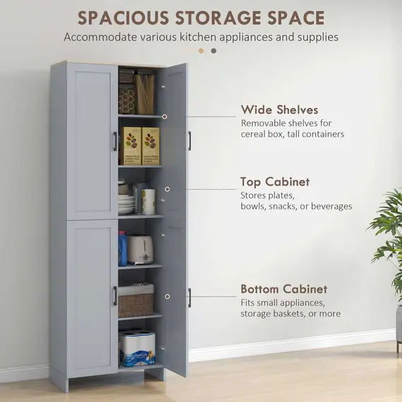 Buy Freestanding Kitchen Cupboard, 4-Door Storage Cabinet with Adjustable Shelves, Modern Kitchen Pantry for Dining Room, 170cm, Grey, 4 image