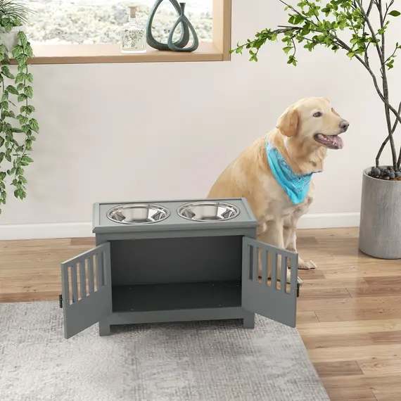 Buy Raised Dog Bowls, Pet Feeding Station, with Storage, Food and Water Bowls, for Large Dogs - Grey, 8 image