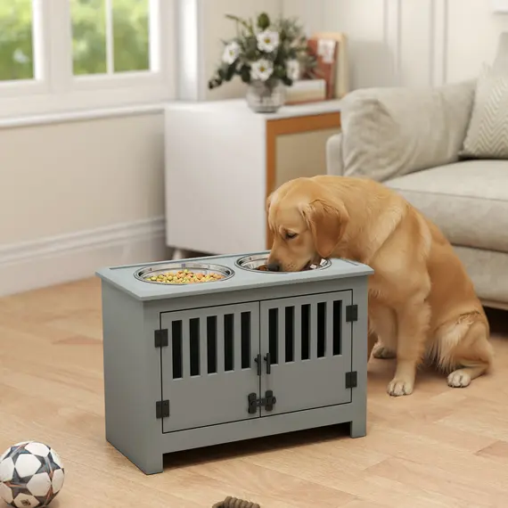 Buy Raised Dog Bowls, Pet Feeding Station, with Storage, Food and Water Bowls, for Large Dogs - Grey, 2 image