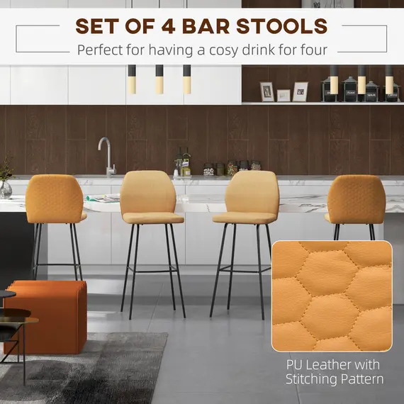 Buy HOMCOM Bar Stools Set of 4, Linen-Touch Upholstered Bar Chairs, Kitchen Stools with Backs and Steel Legs for Dining Room, Light Brown, 4 image