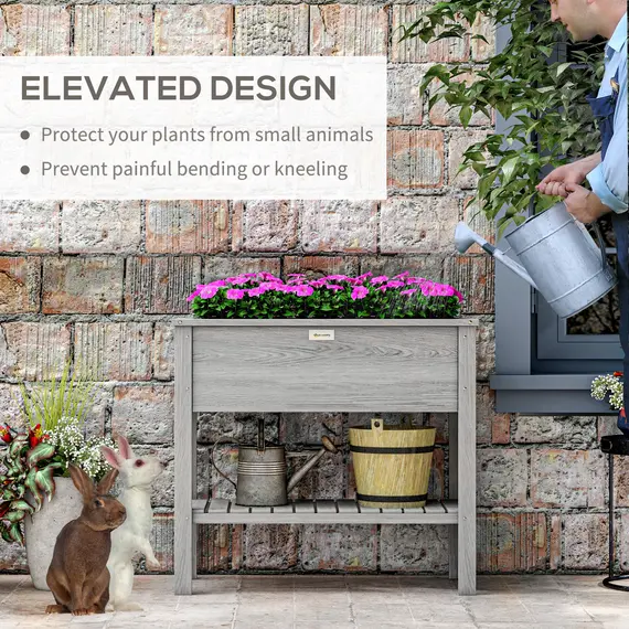 Buy Outsunny Wooden Raised Garden Bed, Elevated Planter Box with Storage Shelf and Drainage Holes, Raised Planter with Legs, Grey, 4 image