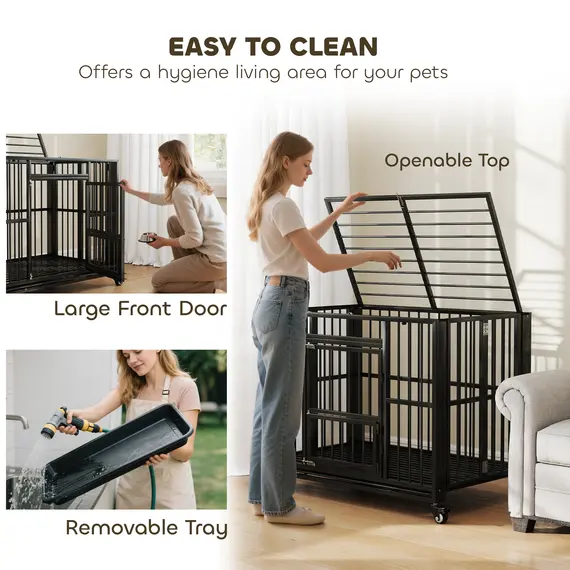 Buy 43" Heavy Duty Dog Crate, Foldable Dog Cage, with Openable Top, Locks, Removable Tray, Wheels - Black, 6 image