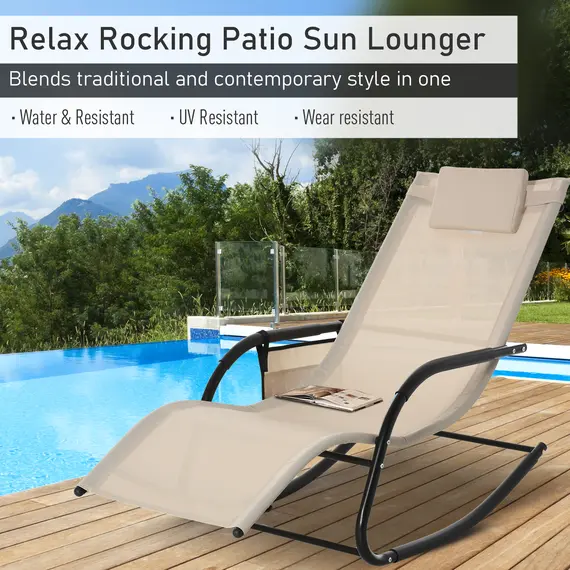 Buy Outsunny 2PCs Outdoor Garden Rocking Chair, Patio Sun Lounger Rocker Chair with Breathable Mesh Fabric, Removable Headrest Pillow, Armrest, Side Storage Bag, Cream White, 4 image
