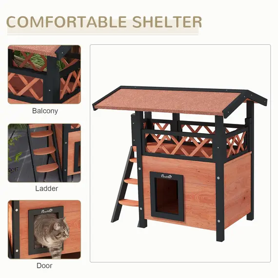 Buy Cat House Outdoor w/ Balcony Stairs Roof, 77 x 50 x 73 cm, Brown, 4 image