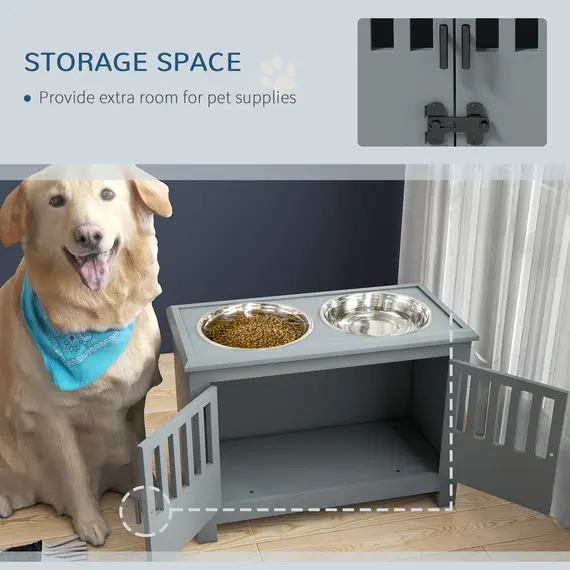 Buy Raised Dog Bowls, Pet Feeding Station, with Storage, Food and Water Bowls, for Large Dogs - Grey, 5 image