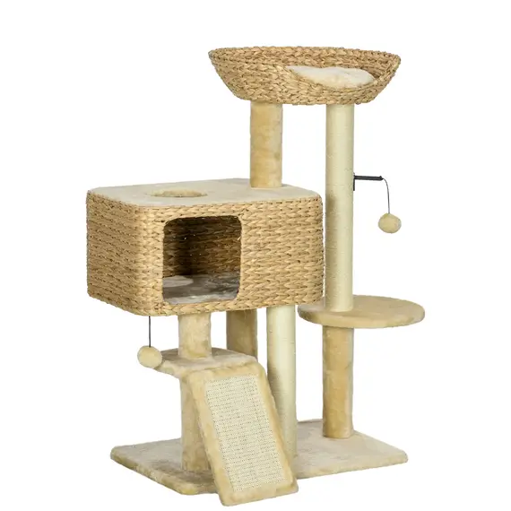 Buy 95cm Cat Tree Tower for Indoor Cats, with Scratching Post, Cat House, Toy Ball, Platform - Beige