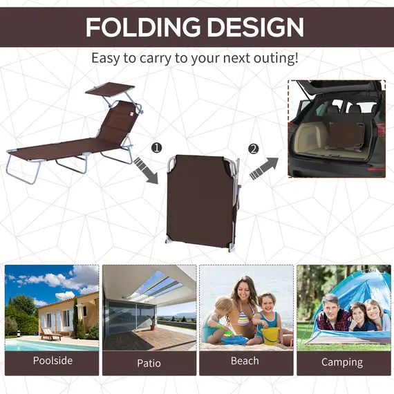 Buy Outsunny 2 Pieces Outdoor Foldable Sun Lounger, 4 Level Adjustable Backrest Reclining Sun Lounger Chair with Angle Adjust Sun Shade Awning for Beach, Garden, Patio, Brown, 5 image