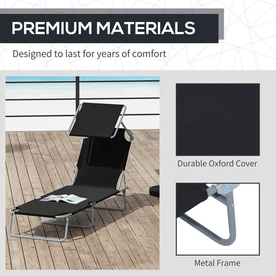 Buy Outsunny 2 Pieces Outdoor Foldable Sun Lounger, 4 Level Adjustable Backrest Reclining Sun Lounger Chair with Angle Adjust Sun Shade Awning for Beach, Garden, Patio, Black, 7 image