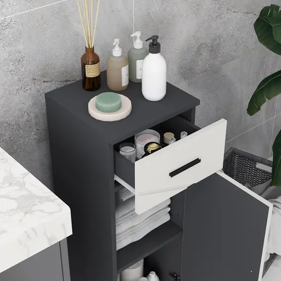 Buy Slim Bathroom Cabinet, Narrow Bathroom Storage Cabinet with Drawer, Door Cupboard, Adjustable Shelf and Soft Close Mechanism, Grey, 8 image
