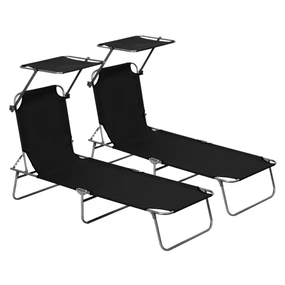 Buy Outsunny 2 Pieces Outdoor Foldable Sun Lounger, 4 Level Adjustable Backrest Reclining Sun Lounger Chair with Angle Adjust Sun Shade Awning for Beach, Garden, Patio, Black
