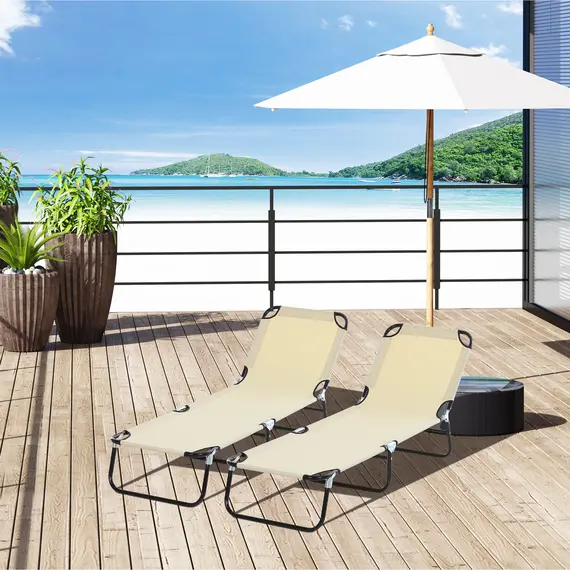 Buy Outsunny 2 Piece Foldable Sun Loungers with 5-Position Adjustable Backrest, Outdoor Portable Recliner Chaise Lounge Chairs with Breathable Mesh Fabric, Beige, 2 image