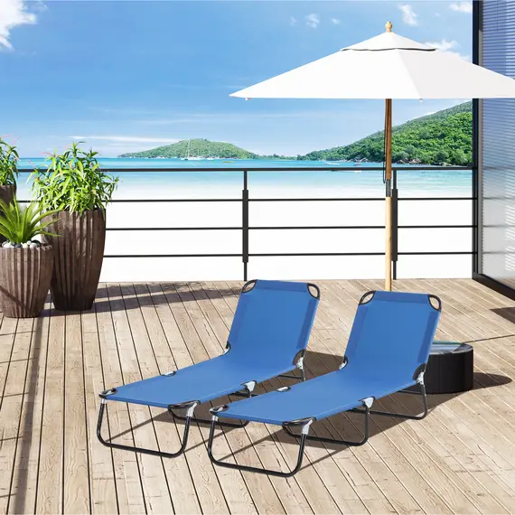 Buy Outsunny 2 Piece Foldable Sun Loungers with 5-Position Adjustable Backrest, Outdoor Portable Recliner Chaise Lounge Chairs with Breathable Mesh Fabric, Blue, 2 image