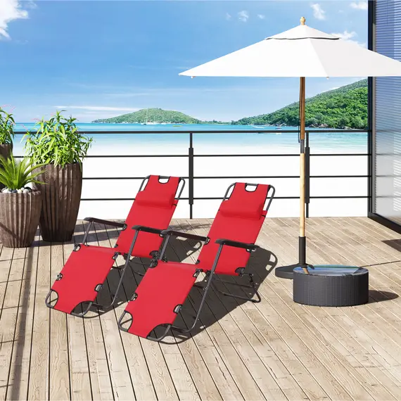 Buy Outsunny 2 in 1 Folding Sun Lounger Reclining Garden Chair Set of 2 with 2-Level Adjustable Backrest, Outdoor Zero Gravity Recliner Garden Chairs with Head Pillow and Armrests, Red, 2 image