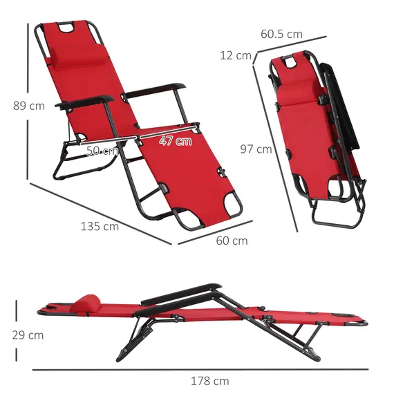 Buy Outsunny 2 in 1 Folding Sun Lounger Reclining Garden Chair Set of 2 with 2-Level Adjustable Backrest, Outdoor Zero Gravity Recliner Garden Chairs with Head Pillow and Armrests, Red, 3 image