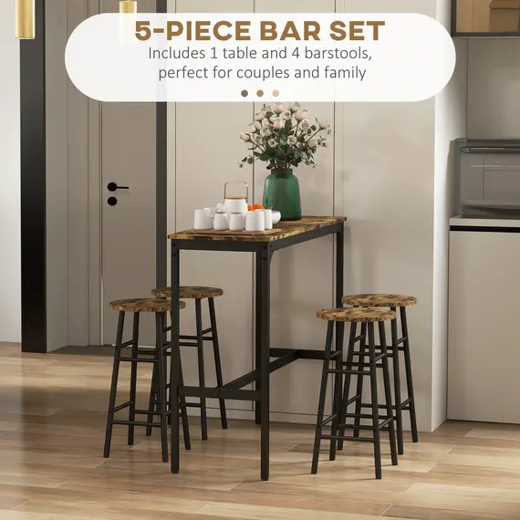 Buy 5 Piece Bar Table Set with 4 Stools, Industrial Bar Table and Stool Set, Dining Table and Chair Set, Rustic Brown, 4 image