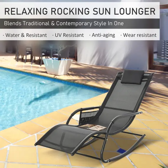 Buy Outsunny 2PCs Outdoor Garden Rocking Chair, Patio Sun Lounger Rocker Chair with Breathable Mesh Fabric, Removable Headrest Pillow, Armrest, Side Storage Bag, Black, 4 image
