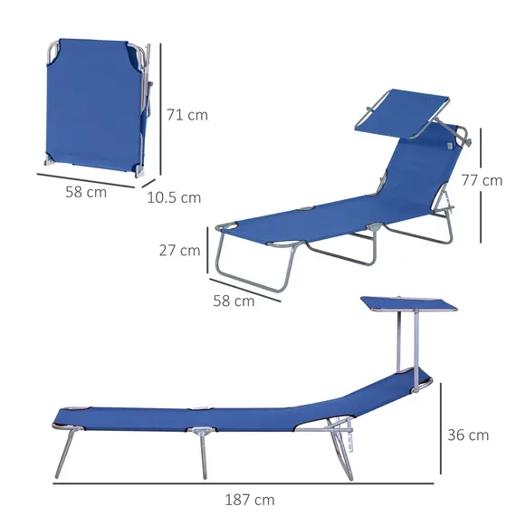 Buy Outsunny 2 Pieces Outdoor Foldable Sun Lounger, 4 Level Adjustable Backrest Reclining Sun Lounger Chair with Angle Adjust Sun Shade Awning for Beach, Garden, Patio, Blue, 3 image