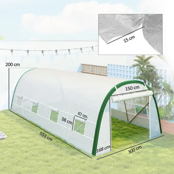 Buy Outsunny Walk-in Polytunnel Greenhouse Tunnel Warm House Tent with Zipped Doors, 8 Mesh Windows, PE Cover, 6 x 3 m, White, 3 image