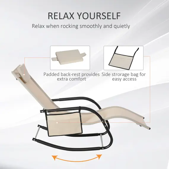 Buy Outsunny 2PCs Outdoor Garden Rocking Chair, Patio Sun Lounger Rocker Chair with Breathable Mesh Fabric, Removable Headrest Pillow, Armrest, Side Storage Bag, Cream White, 6 image